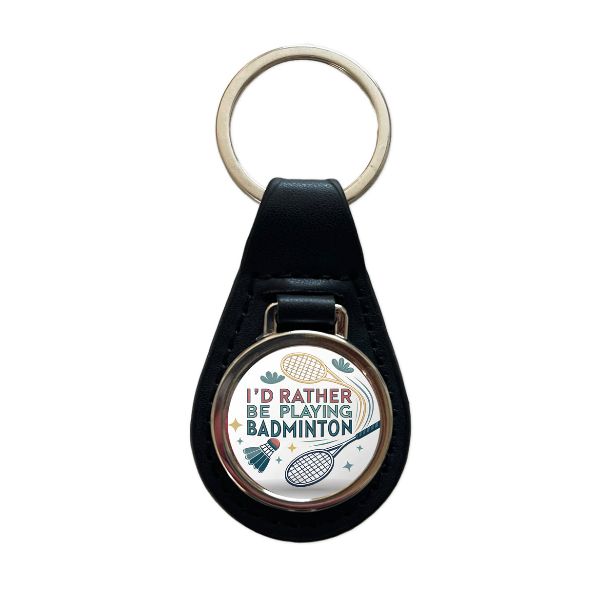 I'd Rather Be Playing Badminton Black Leather Metal Keychain