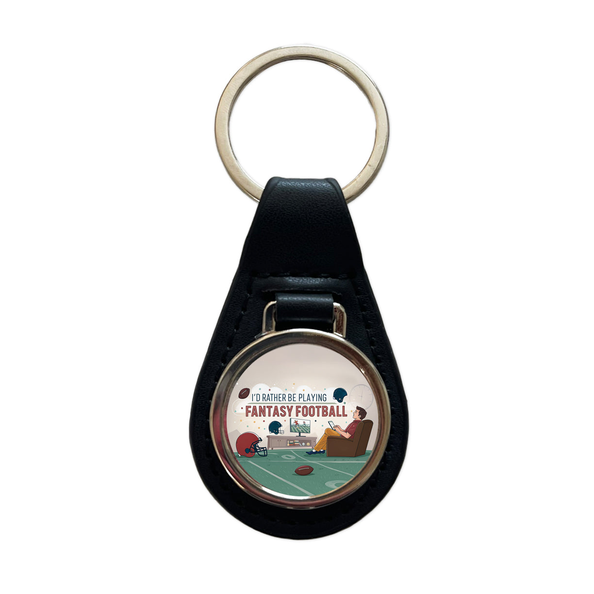 I'd Rather Be Playing Fantasy Football Black Leather Metal Keychain