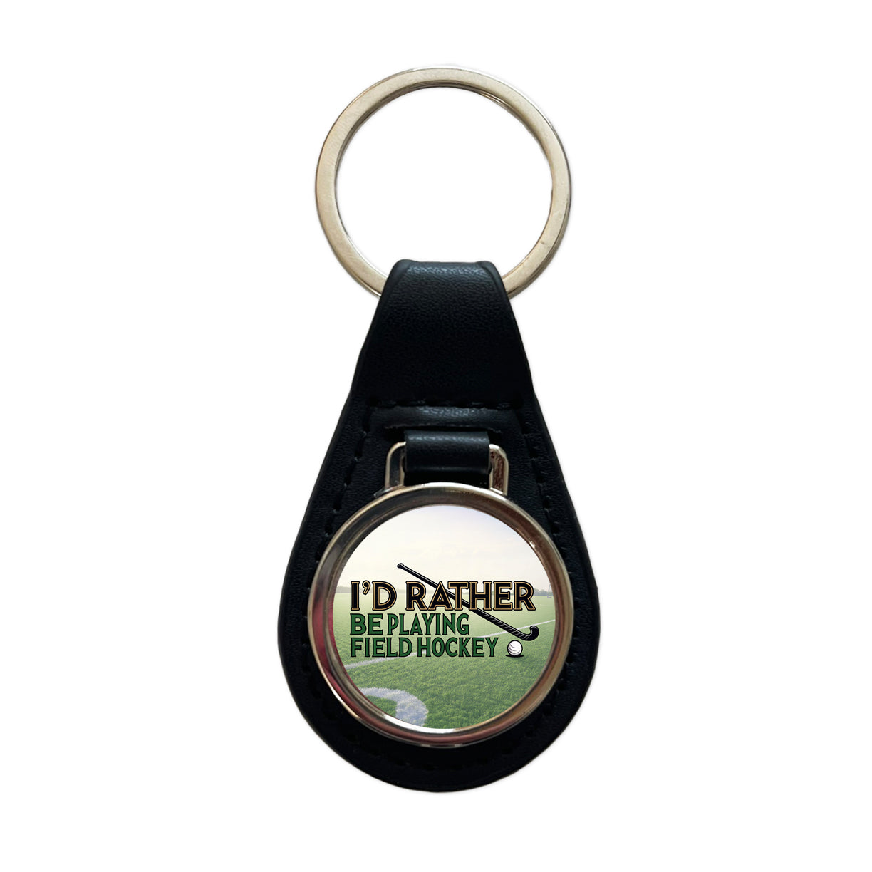 I'd Rather Be Playing Field Hockey Black Leather Metal Keychain