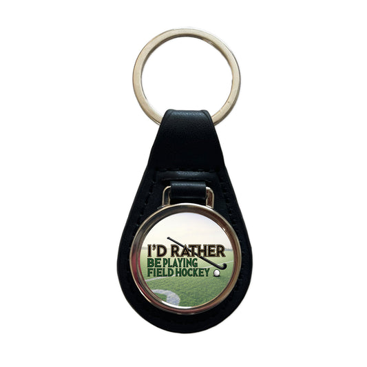I'd Rather Be Playing Field Hockey Black Leather Metal Keychain