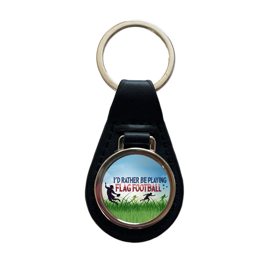 I'd Rather Be Playing Flag Football Black Leather Metal Keychain