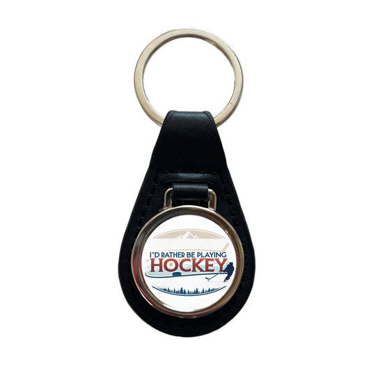 I'd Rather Be Playing Hockey Black Leather Metal Keychain