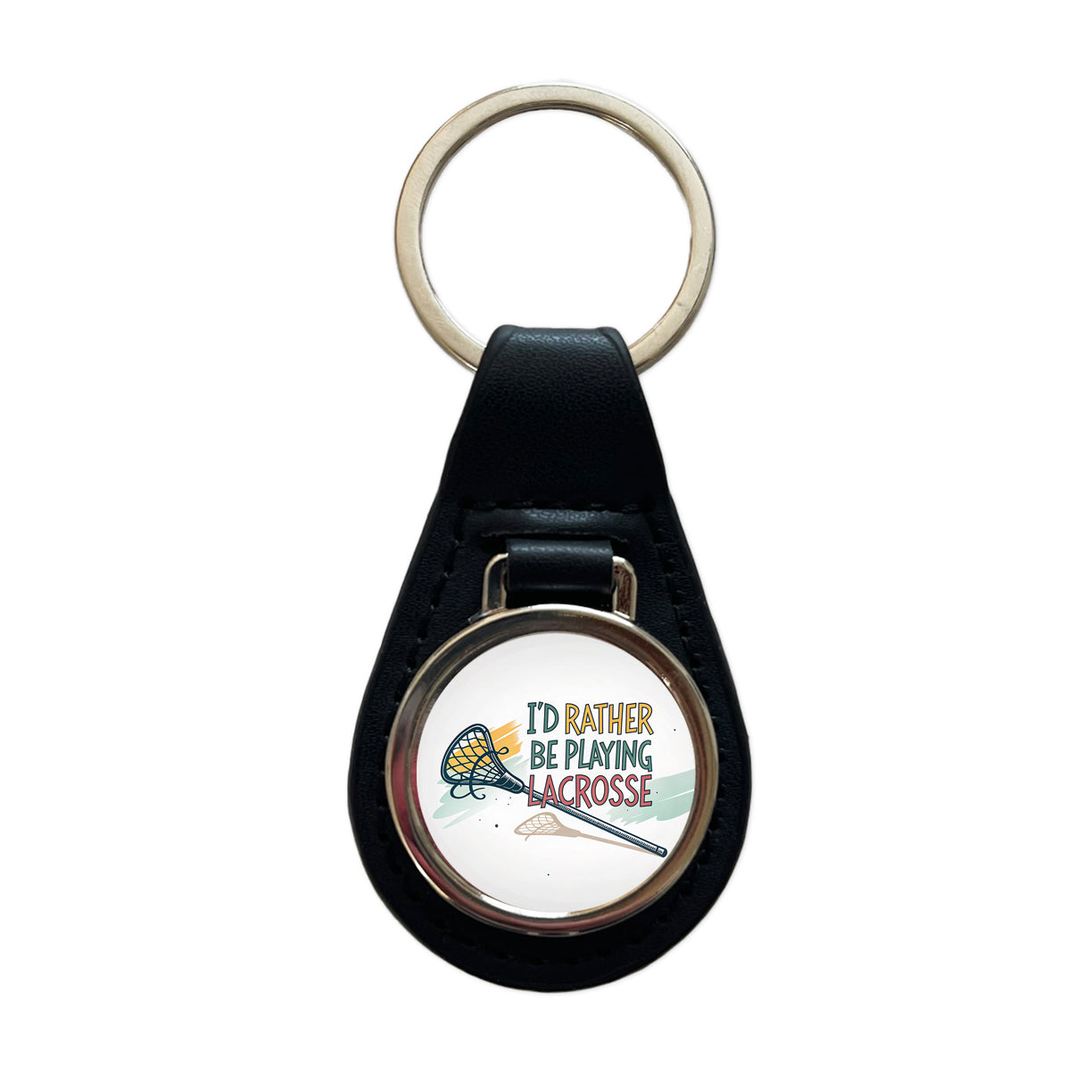 I'd Rather Be Playing Lacrosse Black Leather Metal Keychain