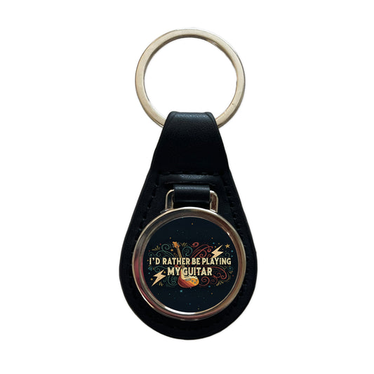 I'd Rather Be Playing My Guitar Rock And Roll Black Leather Metal Keychain
