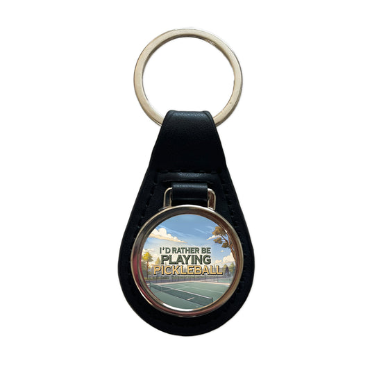 I'd Rather Be Playing Pickleball Court Black Leather Metal Keychain