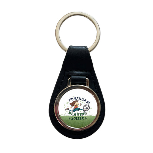 I'd Rather Be Playing Soccer Black Leather Metal Keychain