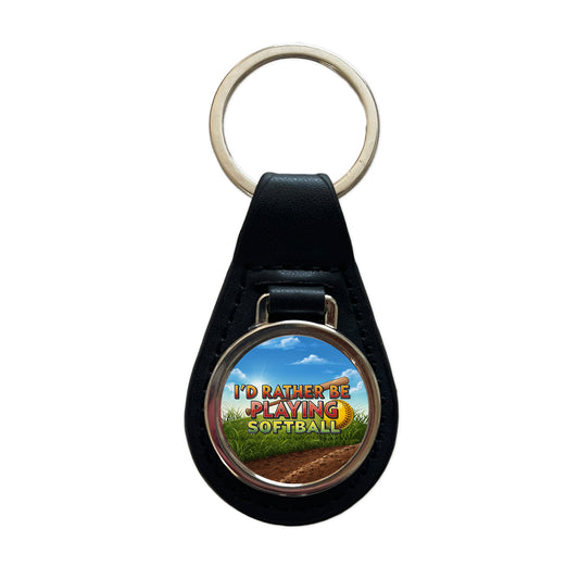 I'd Rather Be Playing Softball Black Leather Metal Keychain