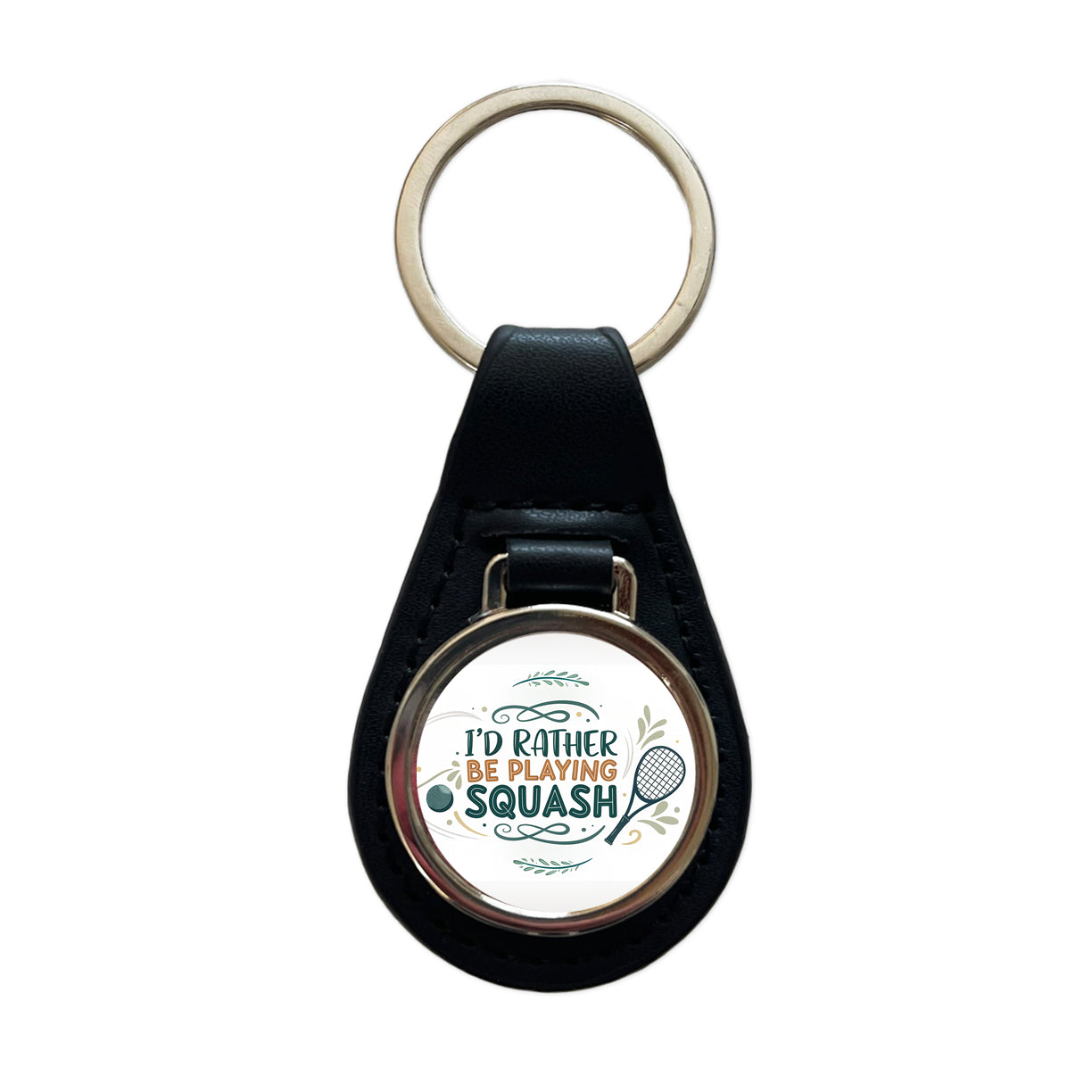 I'd Rather Be Playing Squash Black Leather Metal Keychain