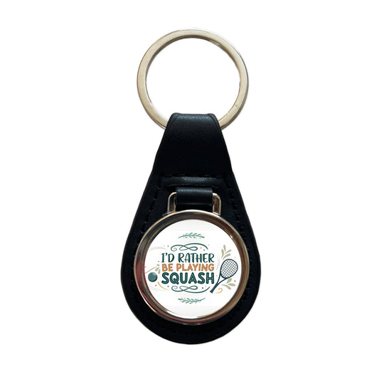 I'd Rather Be Playing Squash Black Leather Metal Keychain