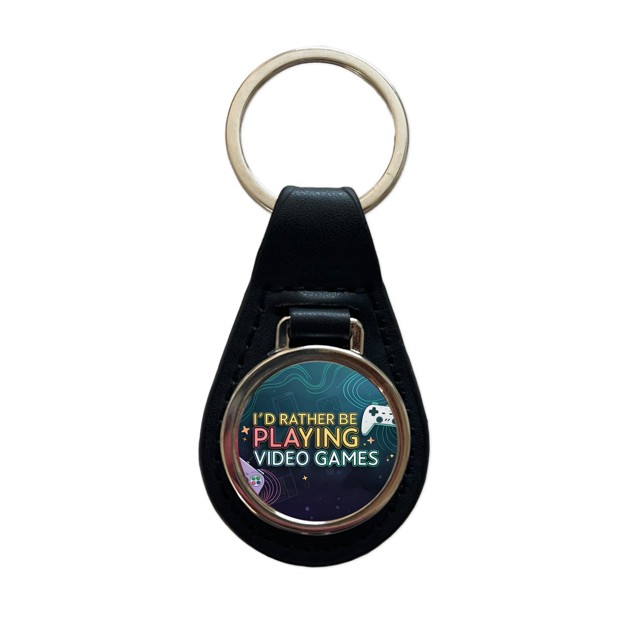 I'd Rather Be Playing Video Games Black Leather Metal Keychain
