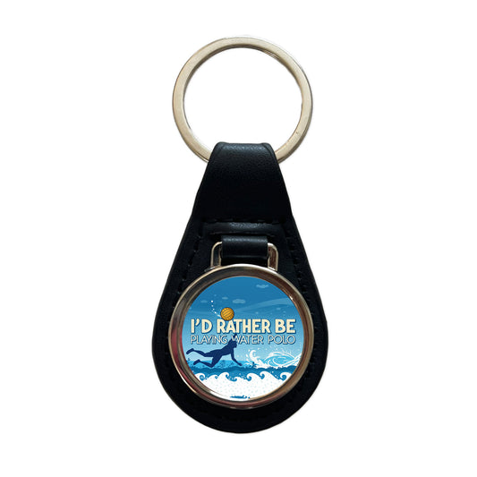 I'd Rather Be Playing Water Polo Black Leather Metal Keychain