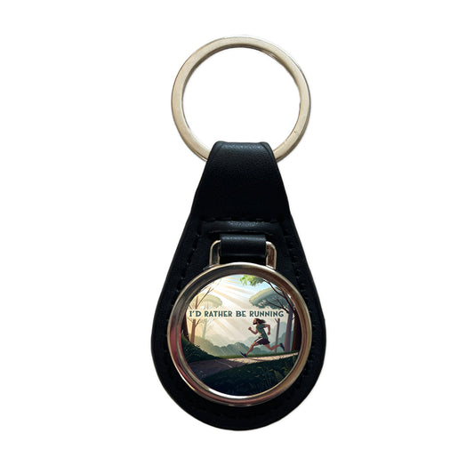 I'd Rather Be Running Man Jogging Black Leather Metal Keychain