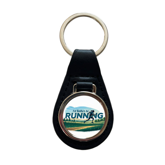 I'd Rather Be Running Woman Jogging Cross Country Black Leather Metal Keychain