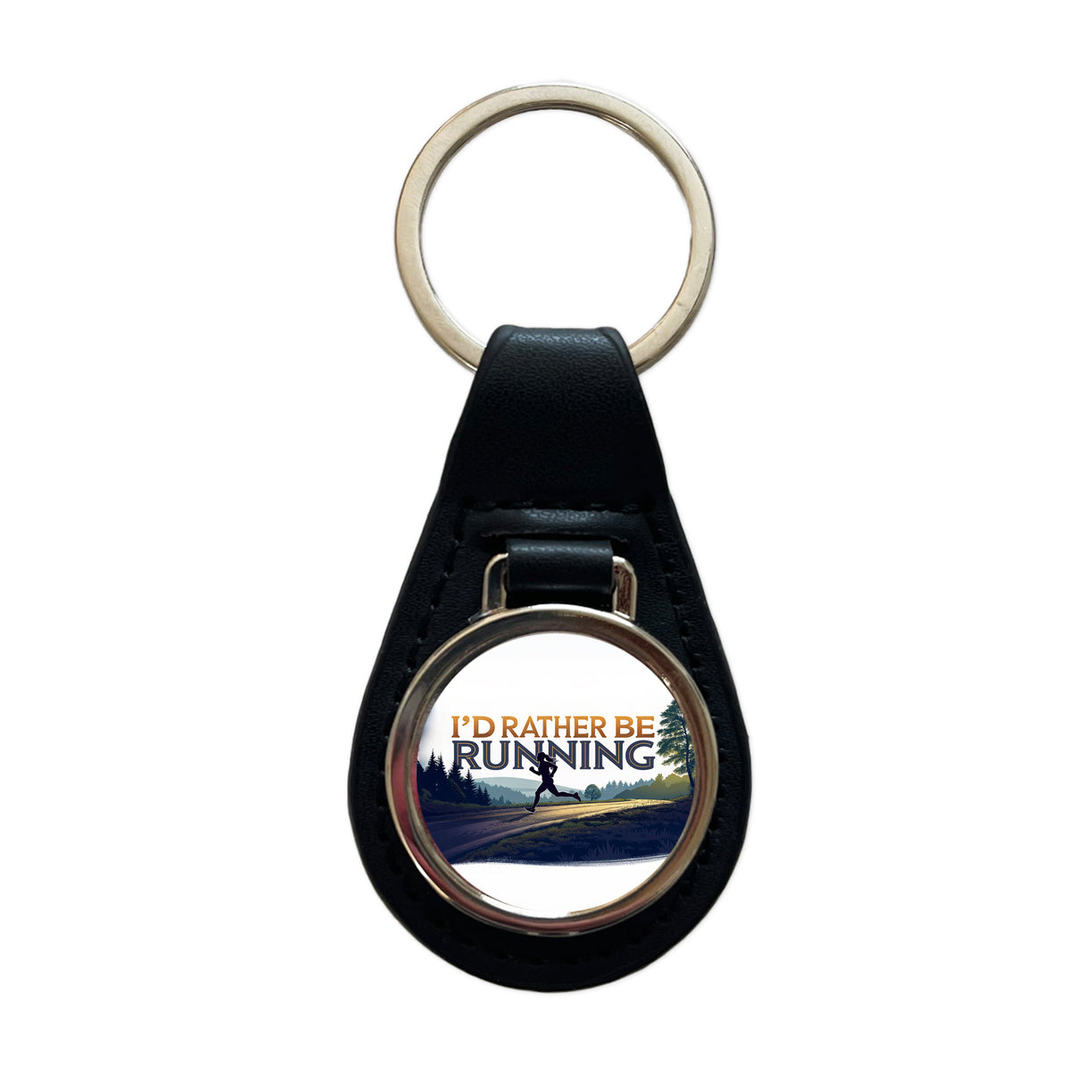 I'd Rather Be Running Woman Jogging Black Leather Metal Keychain