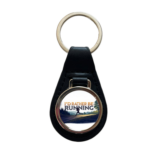 I'd Rather Be Running Woman Jogging Black Leather Metal Keychain