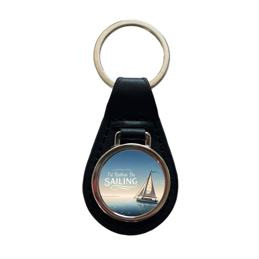 I'd Rather Be Sailing Sailboat Black Leather Metal Keychain