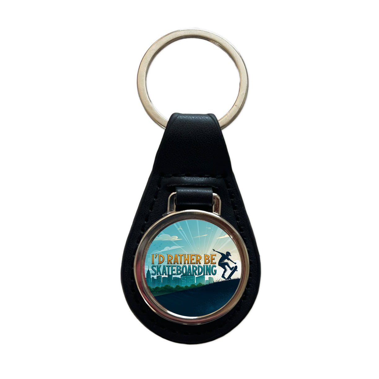 I'd Rather Be Skateboarding Black Leather Metal Keychain