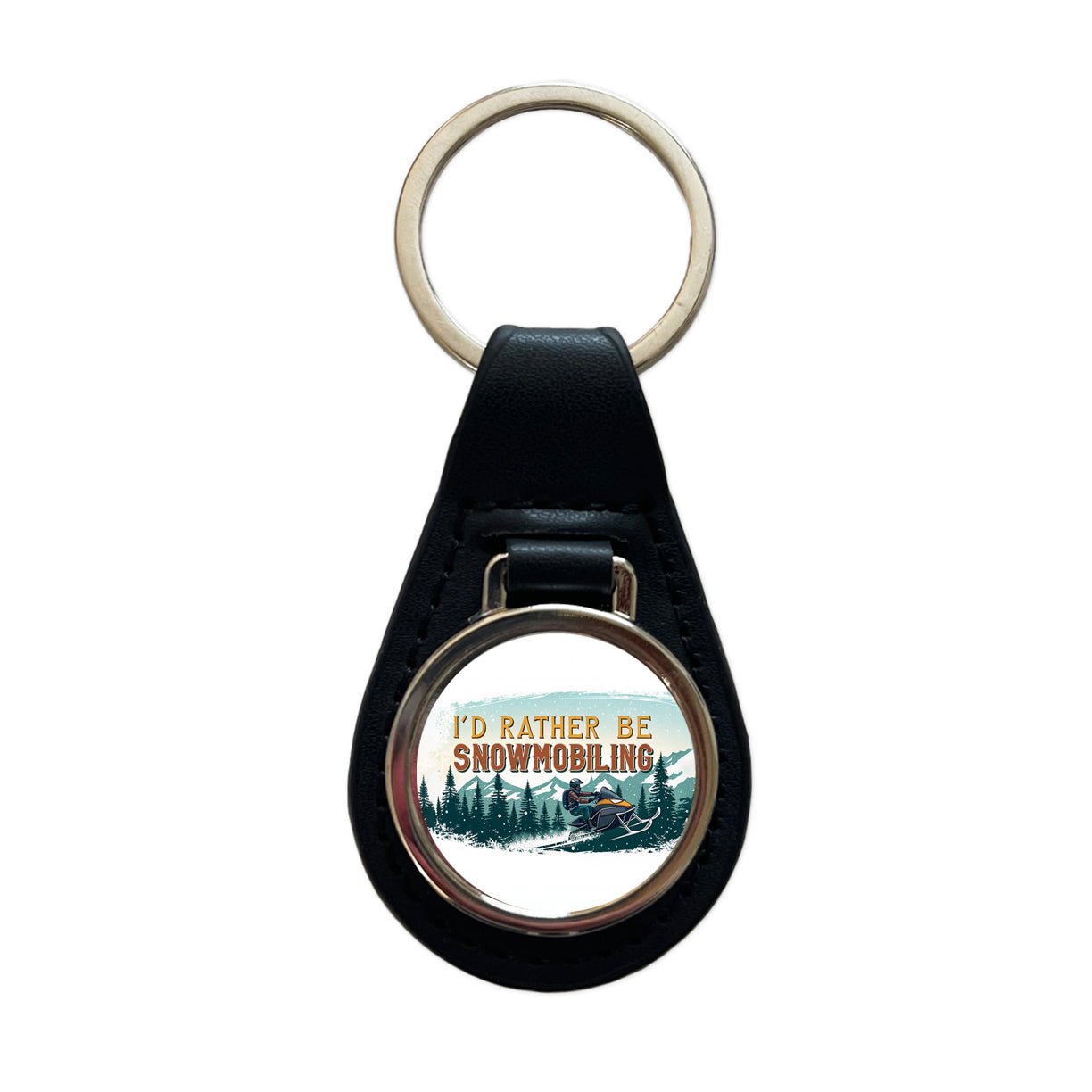 I'd Rather Be Snowmobiling Snowmobile Black Leather Metal Keychain