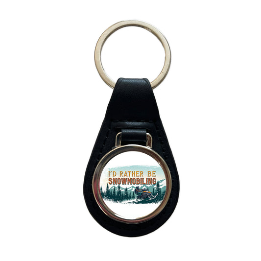 I'd Rather Be Snowmobiling Snowmobile Black Leather Metal Keychain