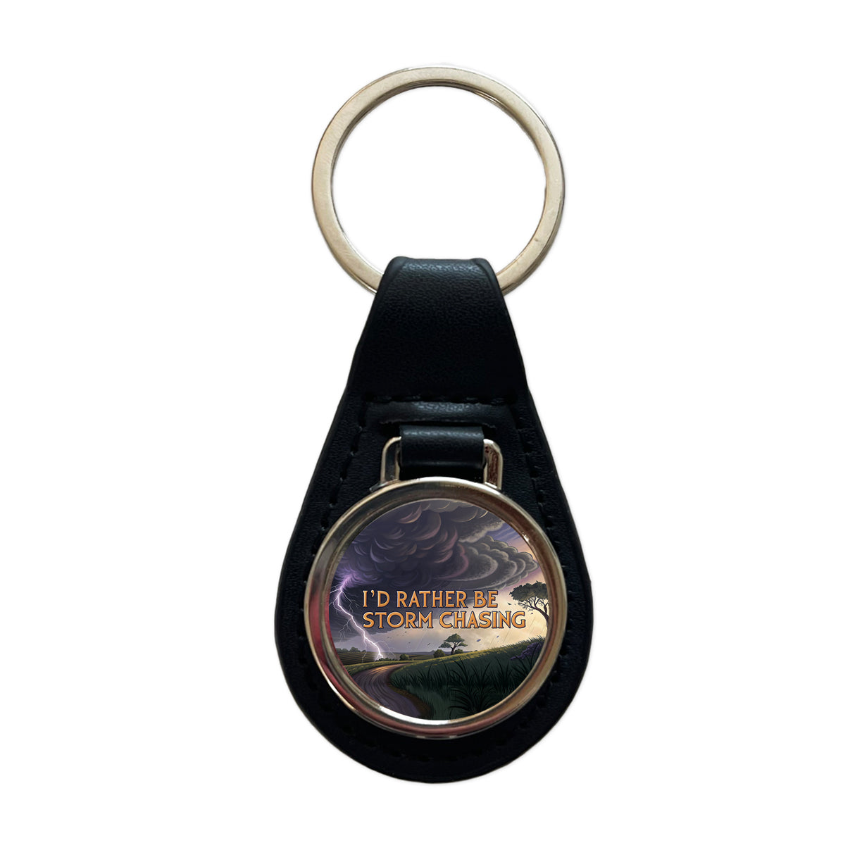 I'd Rather Be Storm Chasing Hurricane Tornado Black Leather Metal Keychain