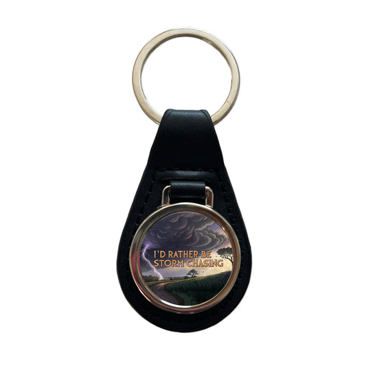 I'd Rather Be Storm Chasing Hurricane Tornado Black Leather Metal Keychain