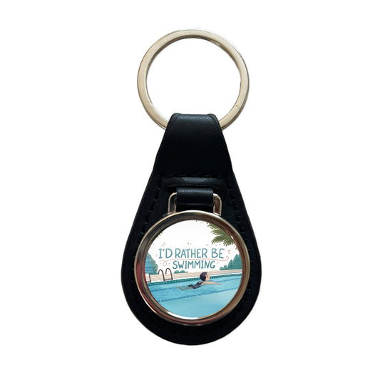 I'd Rather Be Swimming Swimmer Black Leather Metal Keychain