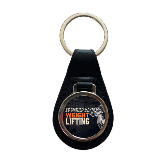 I'd Rather Be Weight Lifting Dumbbell Black Leather Metal Keychain