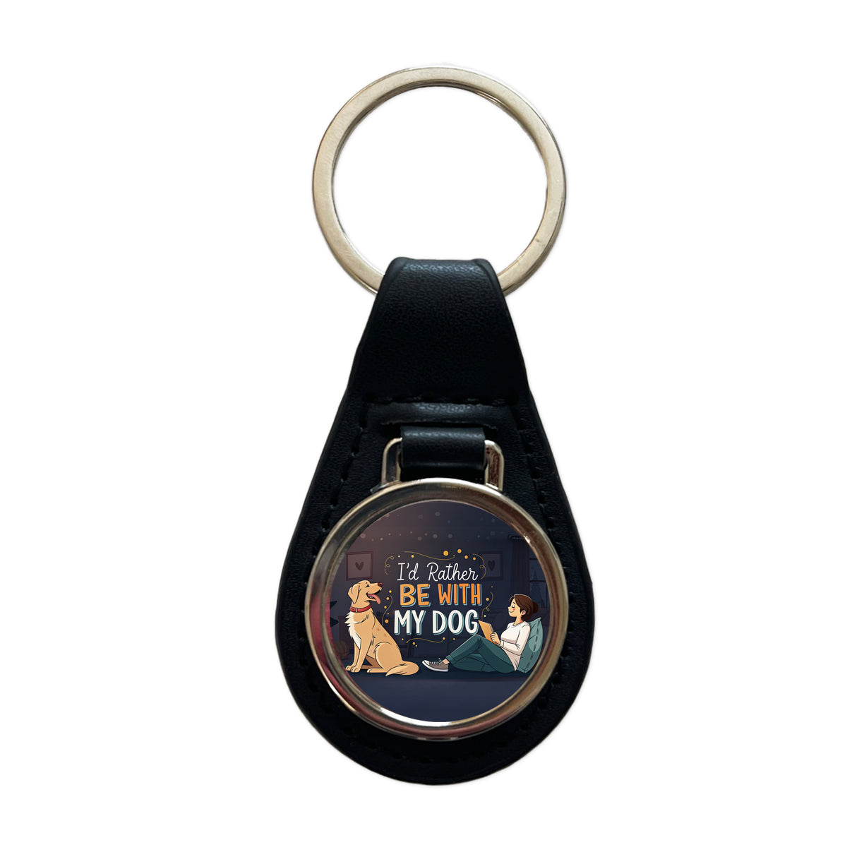 I'd Rather Be With My Dog Funny Black Leather Metal Keychain