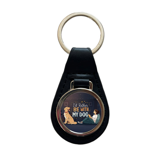 I'd Rather Be With My Dog Funny Black Leather Metal Keychain