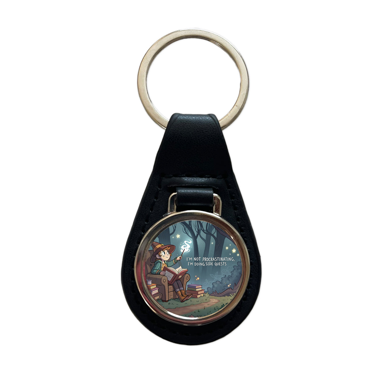 I'm Not Procrastinating Doing Side Quests Funny Witch Black Leather Metal Keychain