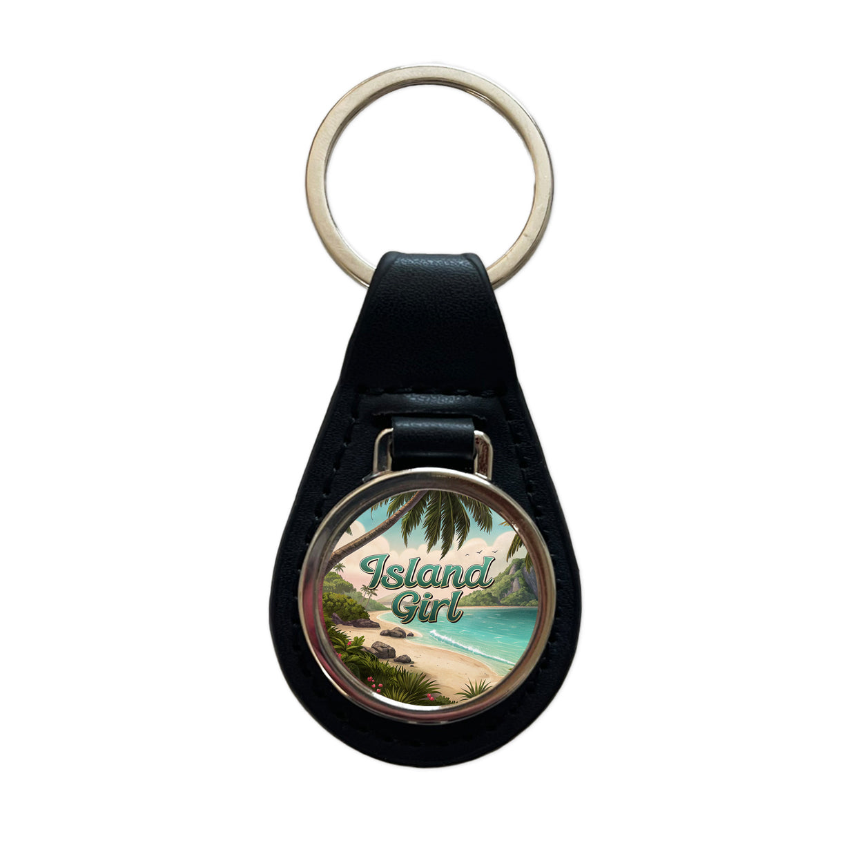 Island Girl Tropical Beach Palm Trees Black Leather Metal Keychain