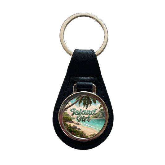 Island Girl Tropical Beach Palm Trees Black Leather Metal Keychain