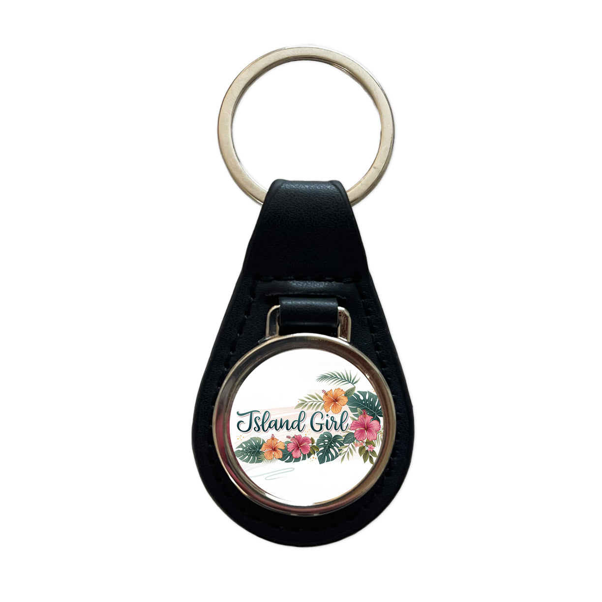 Island Girl Tropical Hibiscus Flowers Black Leather Metal Keychain