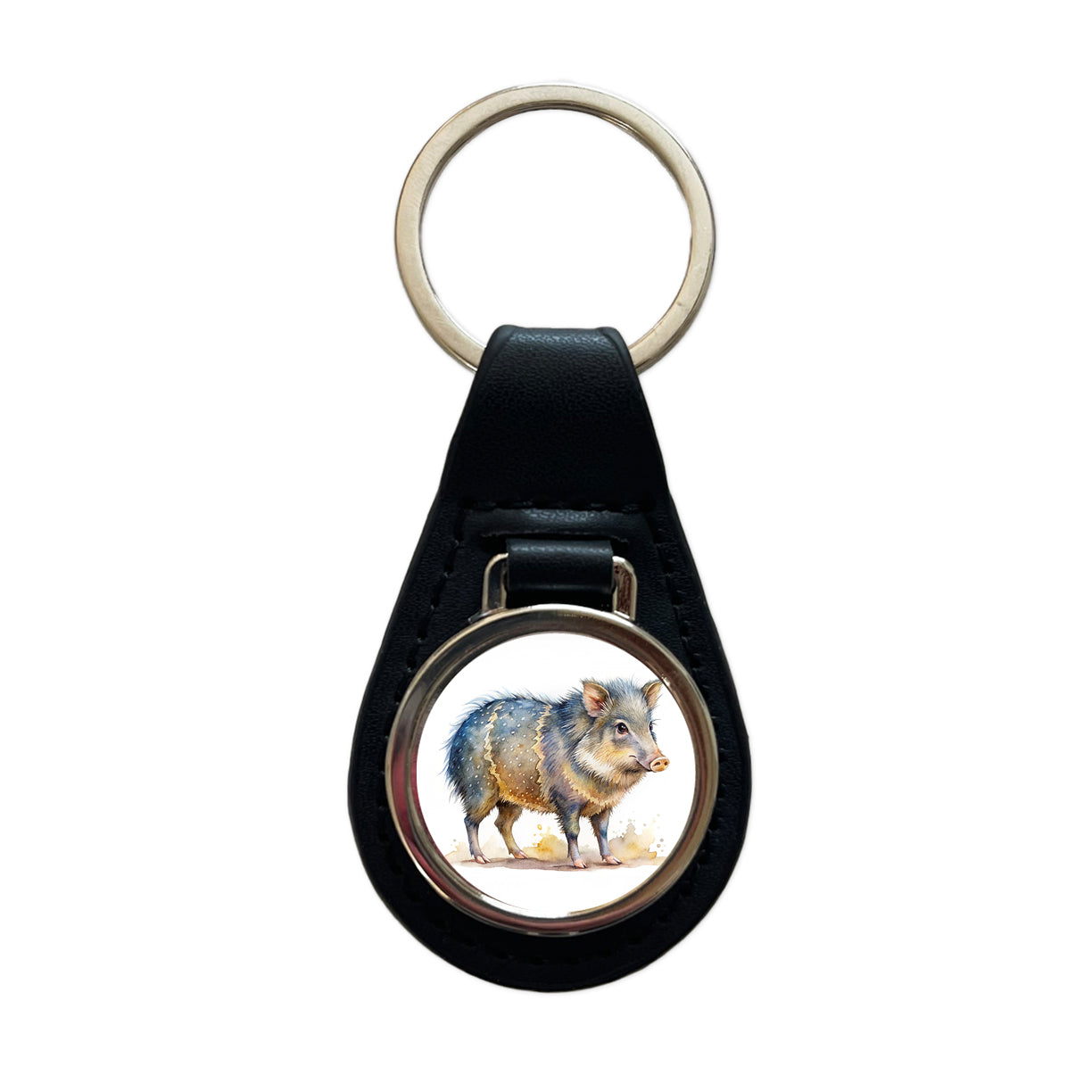 Javelina Watercolor Black Leather Metal Keychain