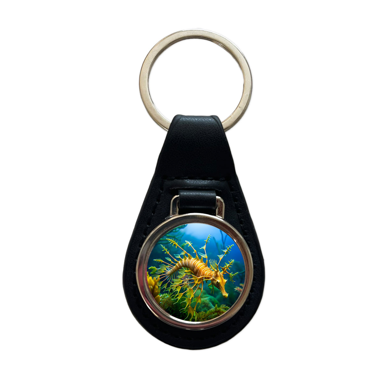Leafy Seadragon Swimming Black Leather Metal Keychain