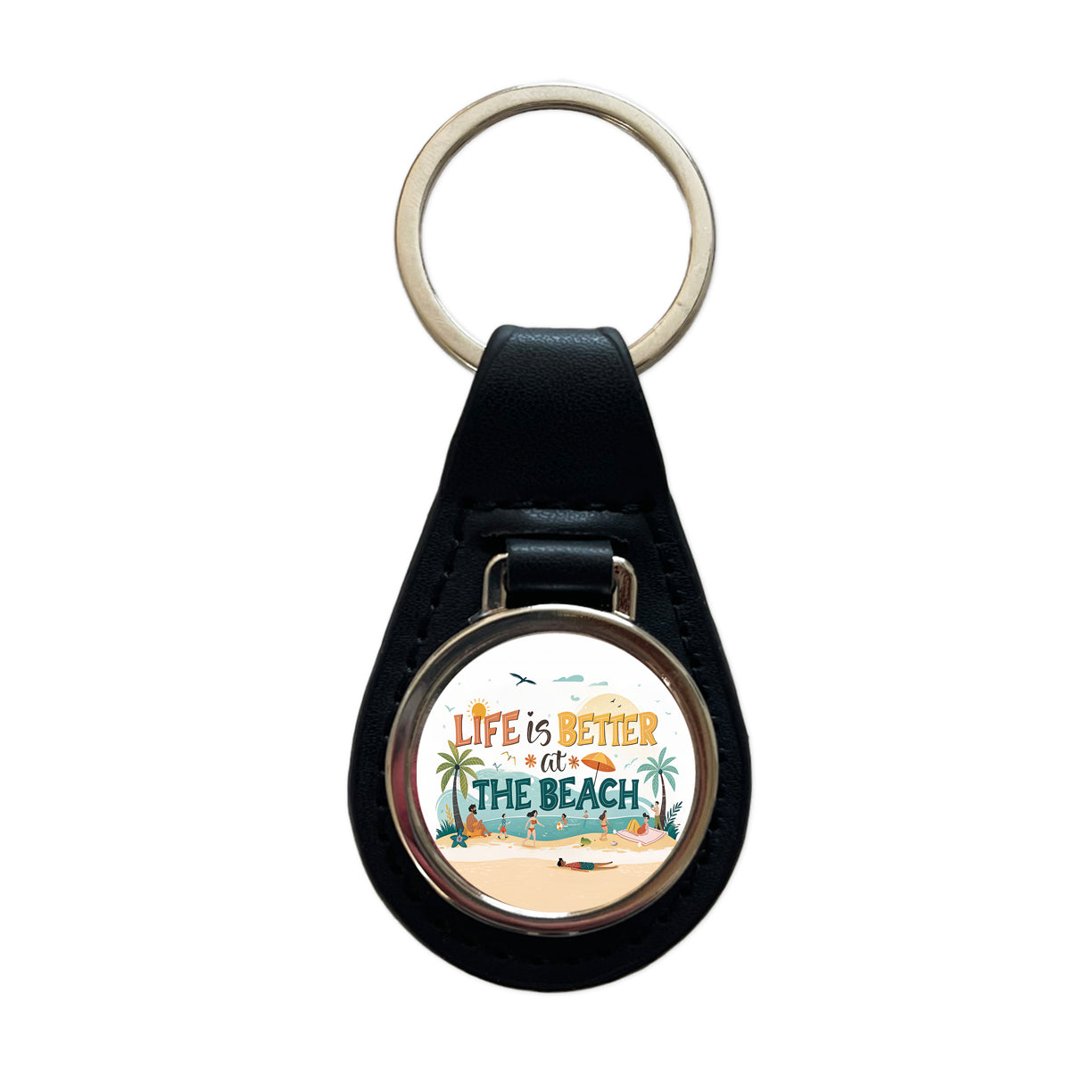 Life Is Better At The Beach Cartoon Black Leather Metal Keychain