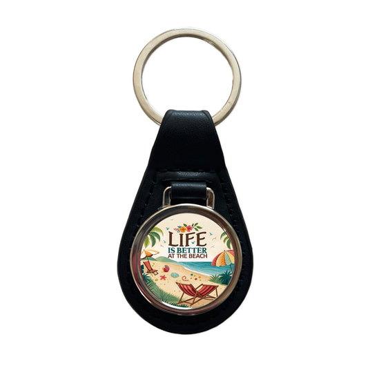 Life is Better At The Beach Tropical Ocean Black Leather Metal Keychain