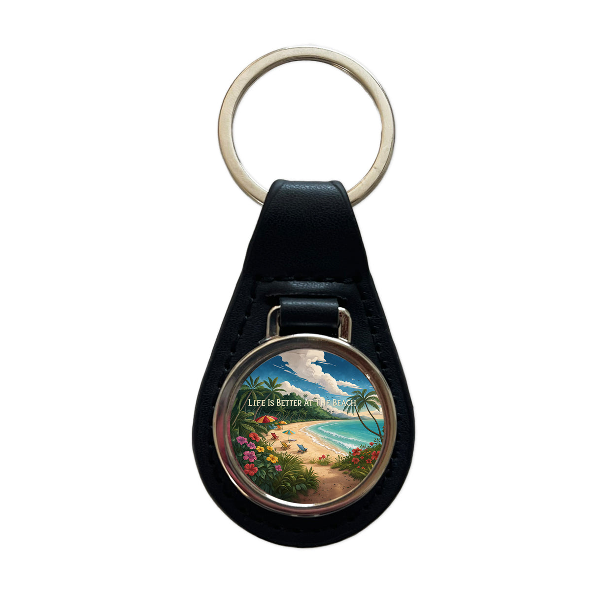 Life is Better At The Beach Tropical Black Leather Metal Keychain