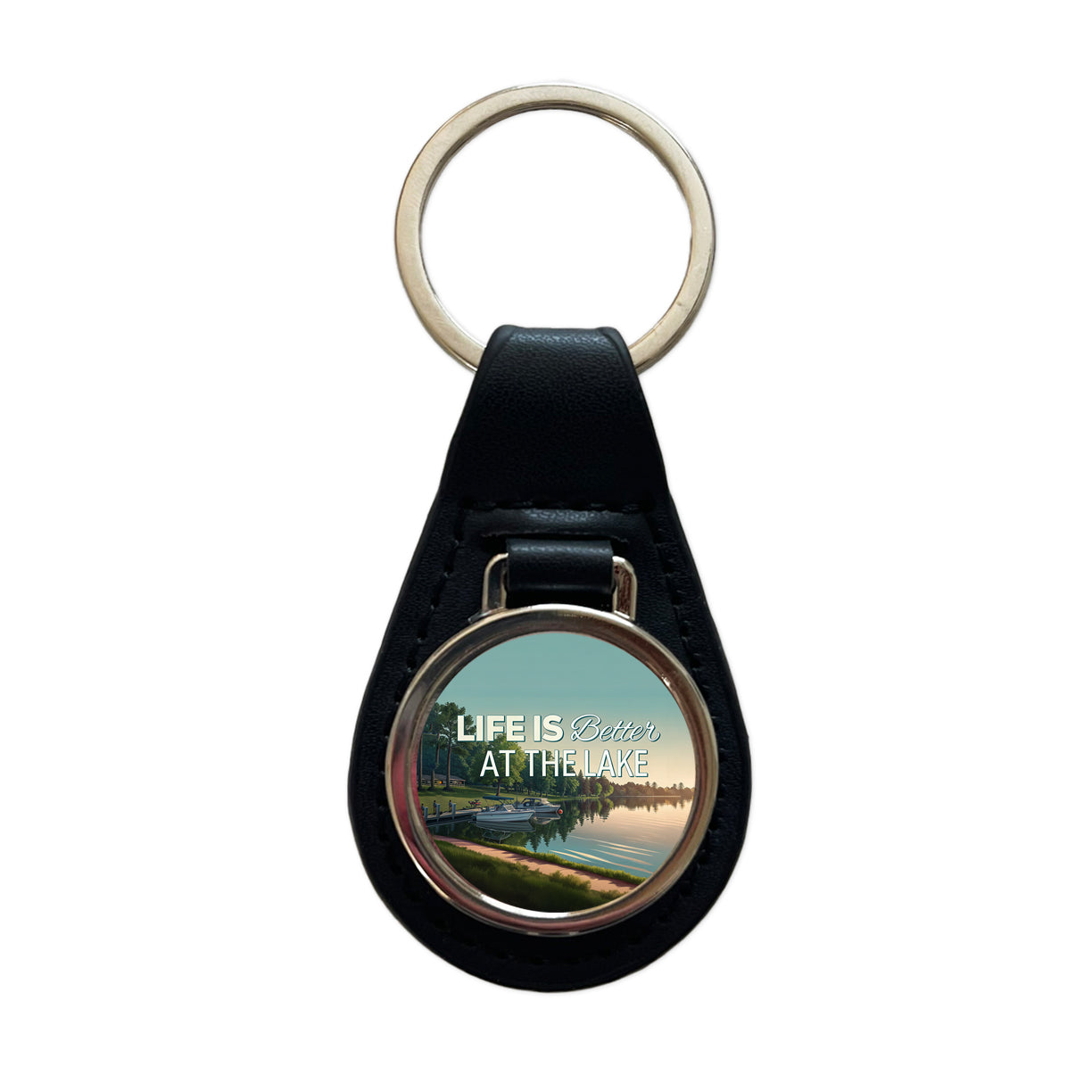 Life is Better At The Lake Boats Black Leather Metal Keychain