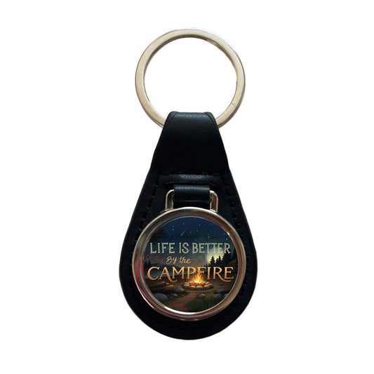Life is Better By The Campfire Hiking Camping Black Leather Metal Keychain