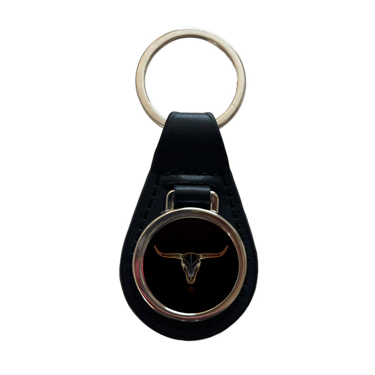 Longhorn Cattle Skull Outline Black Leather Metal Keychain
