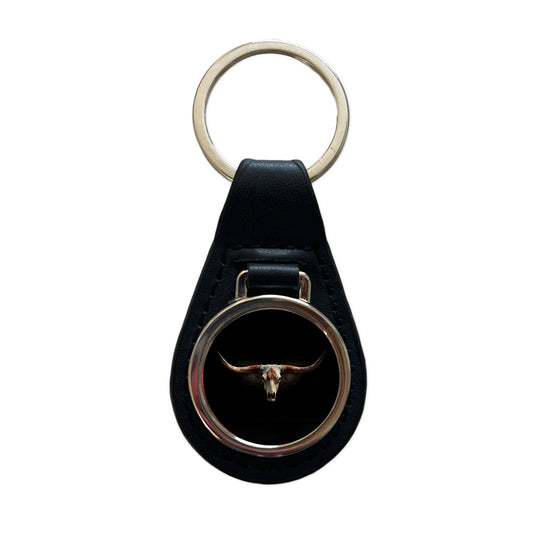 Longhorn Cattle Skull Black Leather Metal Keychain
