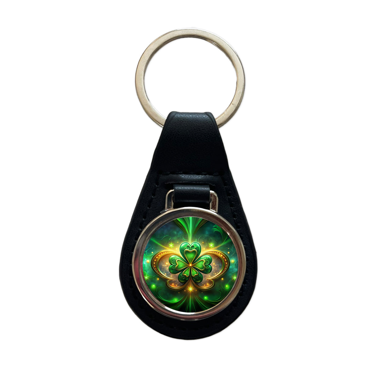 Luck Of The Irish Clover Design Black Leather Metal Keychain
