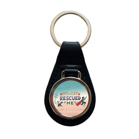 My Cat Rescued Me Pet Adoption Black Leather Metal Keychain