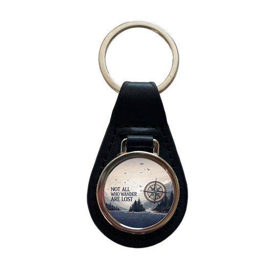 Not All Who Wander Are Lost Compass Hiking Black Leather Metal Keychain