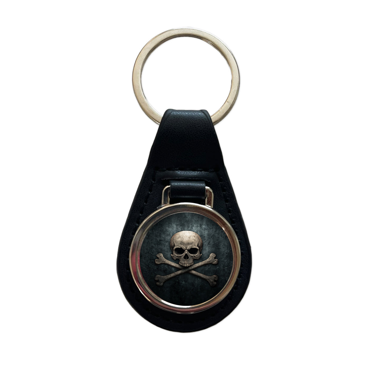 Pirate Skull and Crossbones Dark Rustic Black Leather Metal Keychain