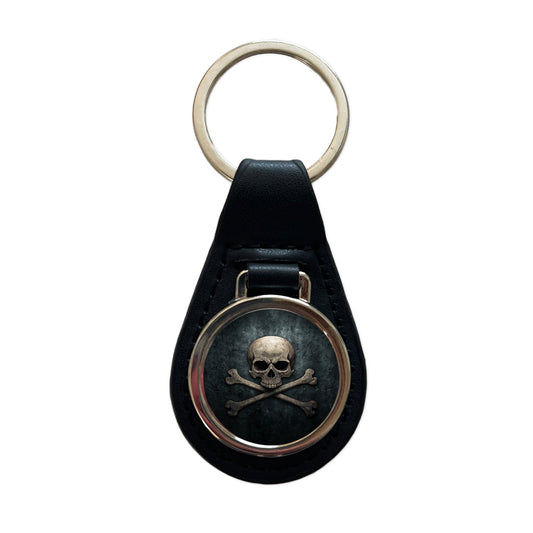 Pirate Skull and Crossbones Dark Rustic Black Leather Metal Keychain