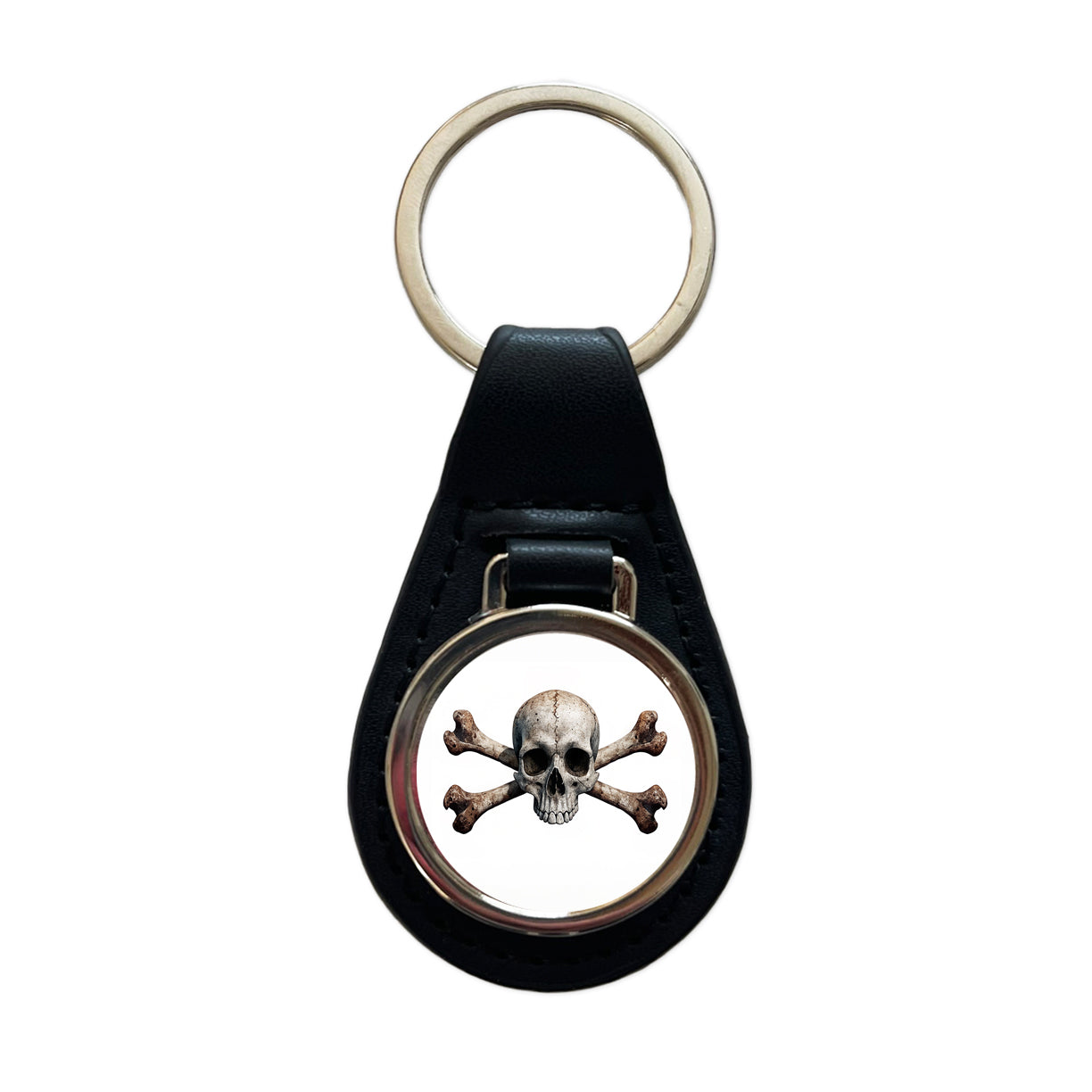 Pirate Skull And Crossbones on White Black Leather Metal Keychain