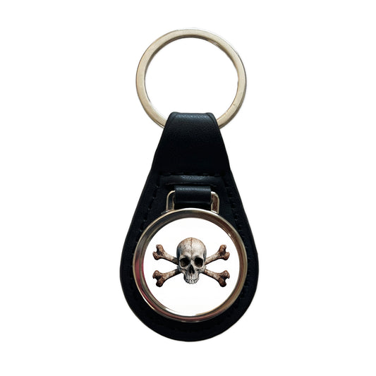 Pirate Skull And Crossbones on White Black Leather Metal Keychain
