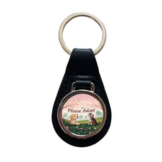 Please Adopt Animal Pet Dog Cat Rescue Black Leather Metal Keychain